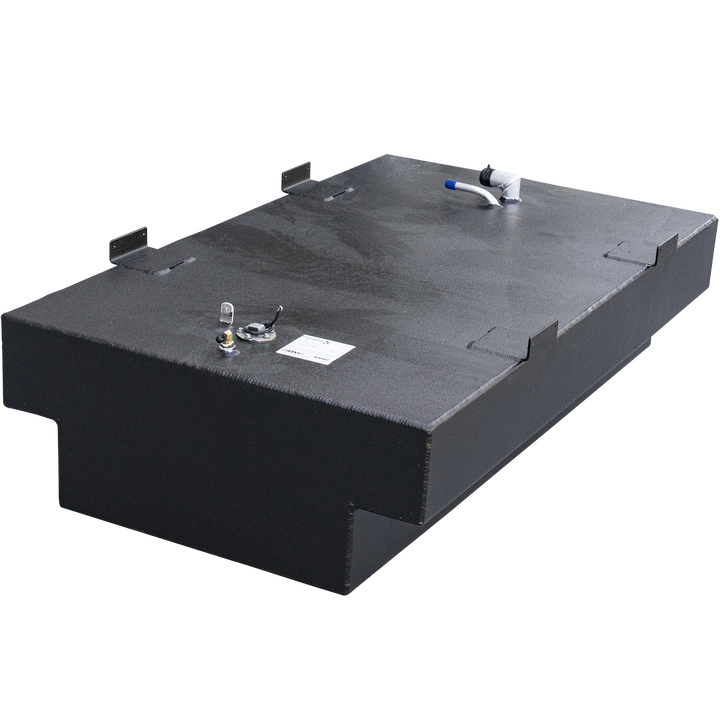 A black, rectangular Sailfish 218CC 2004 OEM Replacement Fuel Tank with a textured surface. The tank has a recessed section along its lower front edge and features various fittings on its top surface, including a white and blue pipe assembly on the right, and a circular fitting with multiple small pipes and wires on the left. Several metal brackets are attached to the top edges of the tank