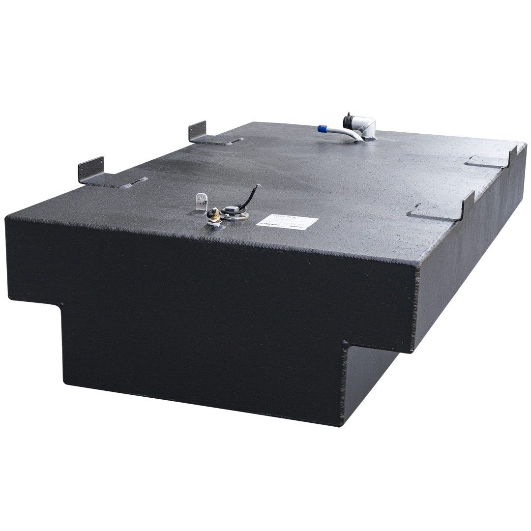 A black, rectangular fuel tank with a textured surface and a cut-out section along its lower front edge. Various fittings and a white pipe with a blue tip are visible on the top surface. Several metal brackets are attached to the top edges of the tank