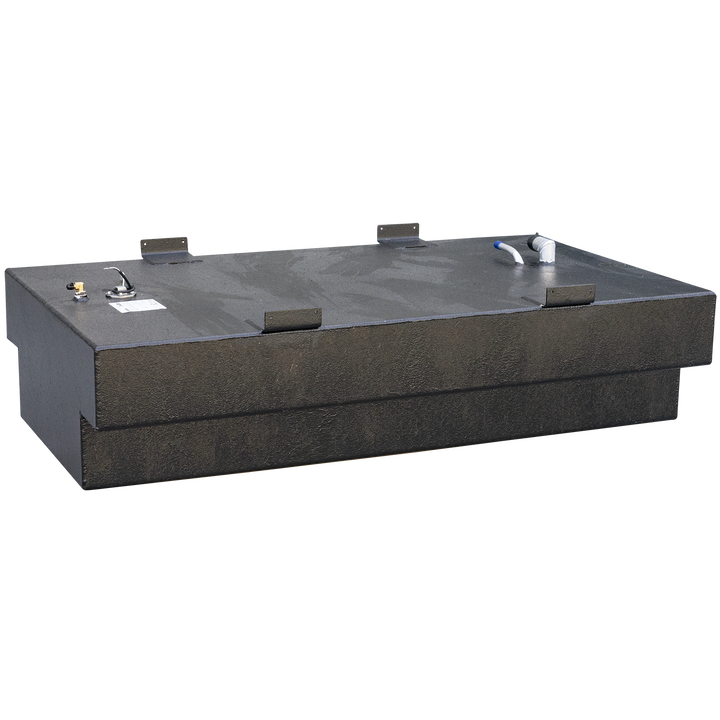 A black, rectangular fuel tank with a textured surface, featuring a stepped design with a lower, wider section at the bottom. Various fittings and connection points are visible on the top surface, including a white L-shaped pipe with a blue tip and a circular fitting with small metal tubes. Several metal brackets are attached to the top edges of the tank