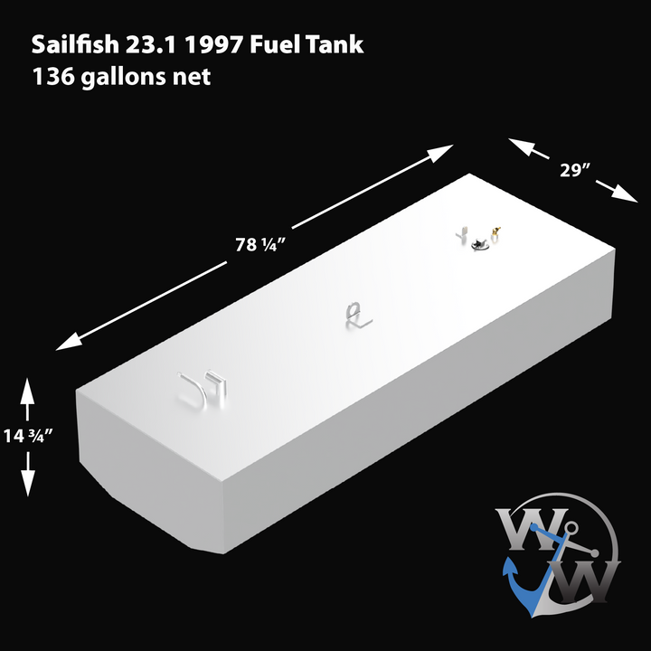 A 3D rendered diagram of a Sailfish 23.1 1997 OEM replacement fuel tank with a net capacity of 136 gallons. The tank is rectangular with chamfered corners on one side and several fittings on top, including a filler, vent, and sensor mounts. The dimensions are marked with arrows and text: 78 1/4 inches in length, 29 inches in width, and 14 3/4 inches in height. The bottom right corner of the image features the Welding World logo with a water drop and anchor icon