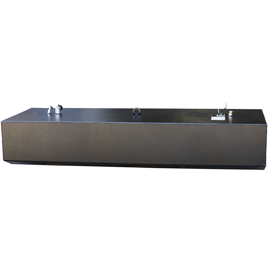 A rectangular black metal fuel tank shown from the front with a slightly textured surface. The tank has a clean, smooth finish with welded edges. On the top surface, several fittings and a mounting bracket are visible, including a white pipe with a blue cap and a sensor or valve assembly near one corner. The background is transparent, highlighting the tank’s shape and details