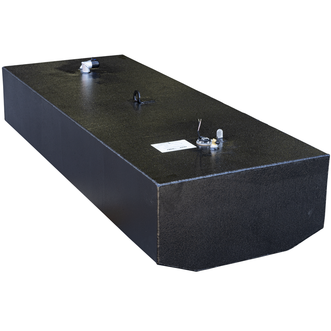 A large rectangular black metal fuel tank with a textured matte finish. The tank is viewed at an angle showing the top and one of the longer sides. The top surface has multiple fittings, including a white pipe with a blue cap, electrical wiring, and a mounting bracket near the center. The tank has clean weld lines along the edges and is set against a transparent background