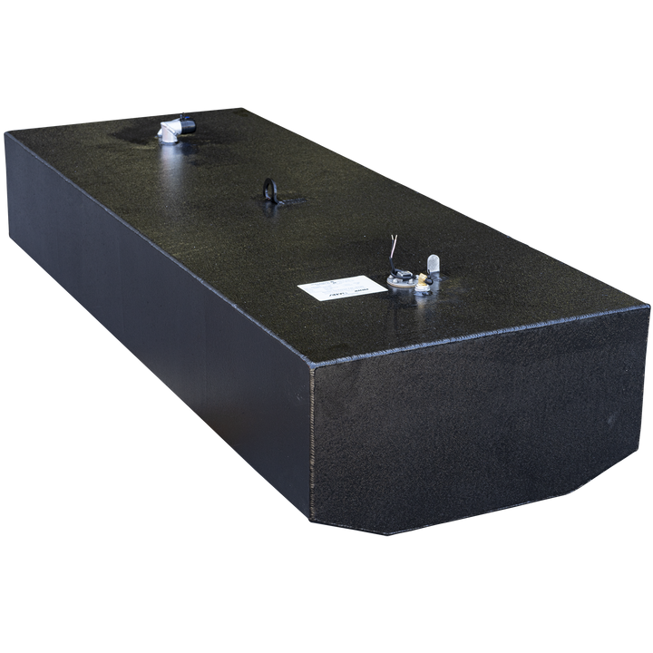 A large rectangular black metal fuel tank with a textured matte finish. The tank is viewed at an angle showing the top and one of the longer sides. The top surface has multiple fittings, including a white pipe with a blue cap, electrical wiring, and a mounting bracket near the center. The tank has clean weld lines along the edges and is set against a transparent background