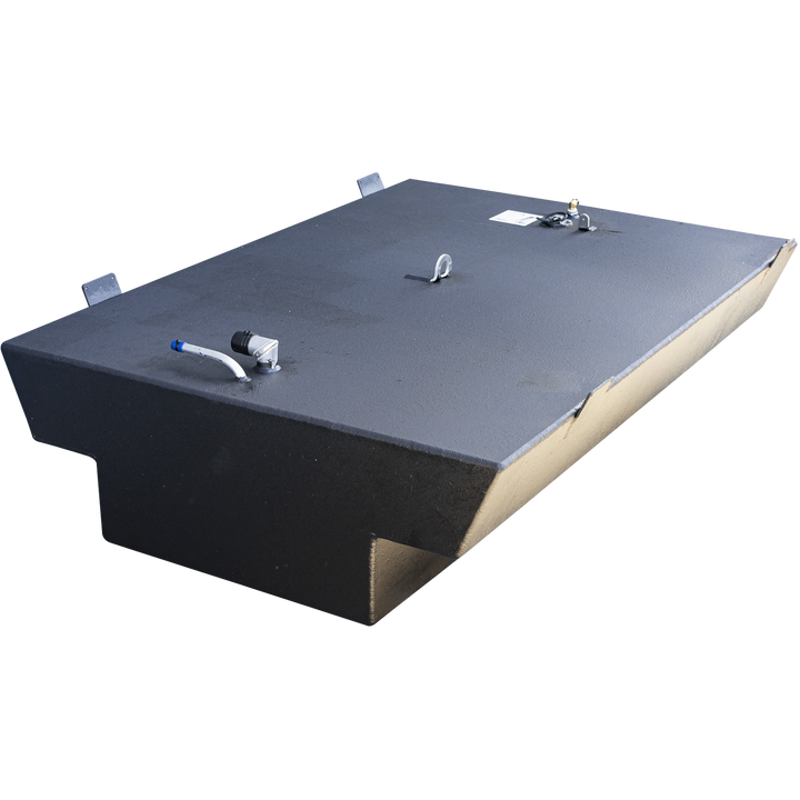 A black OEM replacement belly fuel tank for a Sailfish 236' CC 2003 model with a net capacity of 127 gallons. The tank has a rectangular shape with an extended section on one side. The top surface features multiple fittings including a white and black pipe with a blue tip, a metal loop for lifting, and several connectors near a white label