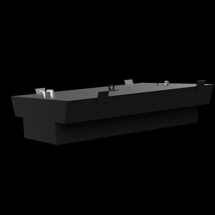 A black marine fuel tank shaped like a "T," viewed from a low front-left angle against a black background. The tank has a textured matte finish and a wide, flat top surface with fittings including two white pipes at the left corner, a small circular metal plate with connectors near the right corner, a black mounting loop in the center, and several black mounting tabs along the edges. The bottom section of the tank extends downward with angled sides