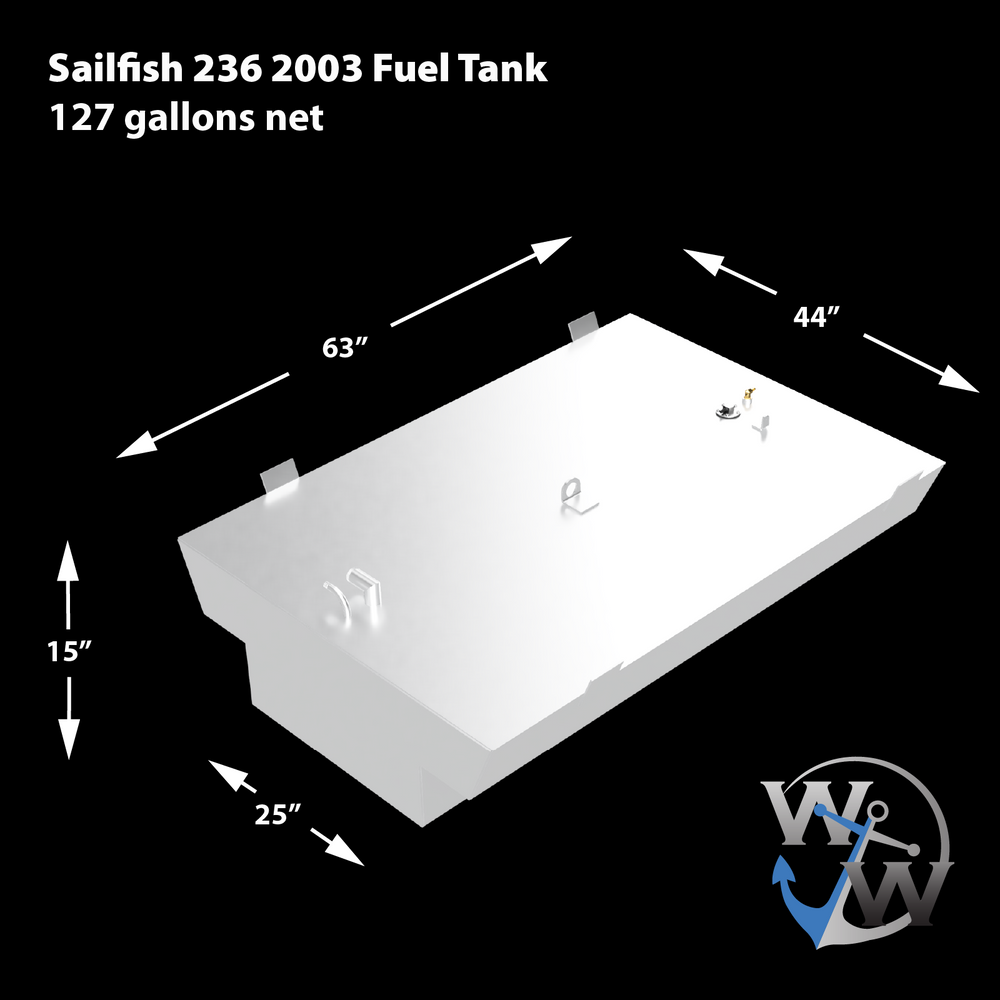 A white OEM replacement belly fuel tank for a Sailfish 236 2003 model with a net capacity of 127 gallons. The tank measures 63 inches long, 44 inches wide, 15 inches high, and 25 inches at the extended section. The top surface features fittings including a pipe, metal loops for lifting, and several connectors near one corner. The image background is black, with the company's logo and measurements annotated around the tank