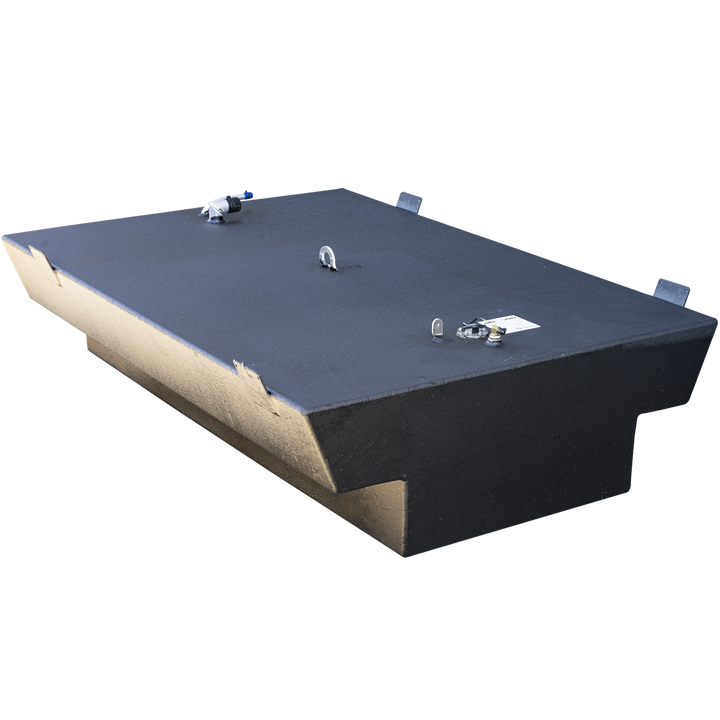 A black OEM replacement belly fuel tank designed for a Sailfish 236 2003 model with a net capacity of 127 gallons. The tank features an angular shape with an extended notch on one side. On the top surface, there are several fittings including a pipe, metal loops for lifting, and connectors clustered near one corner. The tank is photographed on a transparent background with natural lighting casting soft shadows