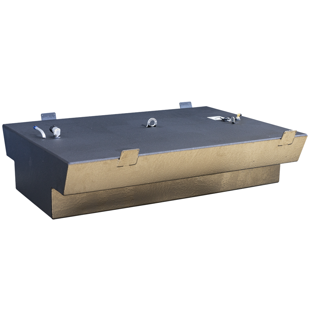 A black OEM replacement belly fuel tank designed for a Century 26 model from 1996, with a net capacity of 134 gallons. The tank is rectangular with an extended notch along one side and features multiple fittings and lifting tabs on the top surface. The textured surface is highlighted by natural lighting, and the tank is displayed against a transparent background