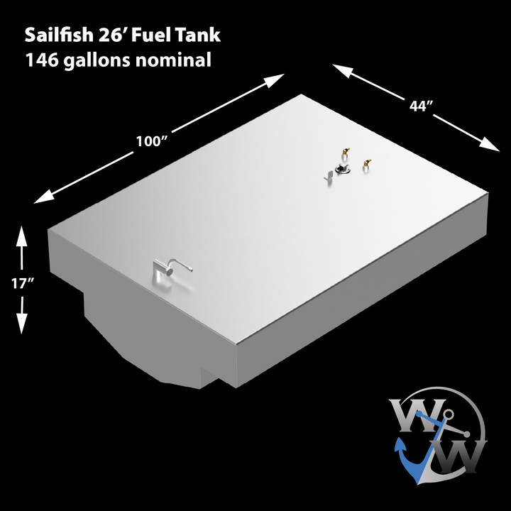 A black, rectangular, 147-gallon OEM replacement belly fuel tank designed for a Sailfish 26' 2006. The tank has a textured surface with a metallic border on top and includes various fittings and a visible fuel level sender with wires