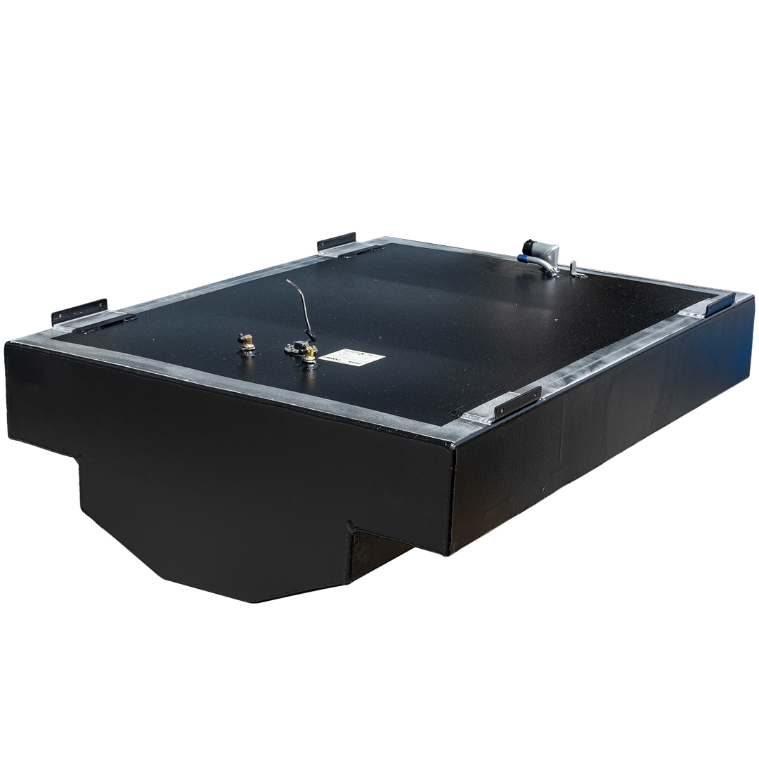A black, rectangular, 147-gallon OEM replacement belly fuel tank designed for a Sailfish 26' 2006. The tank has a textured surface with a metallic border on top and includes various fittings and a visible fuel level sender with wires