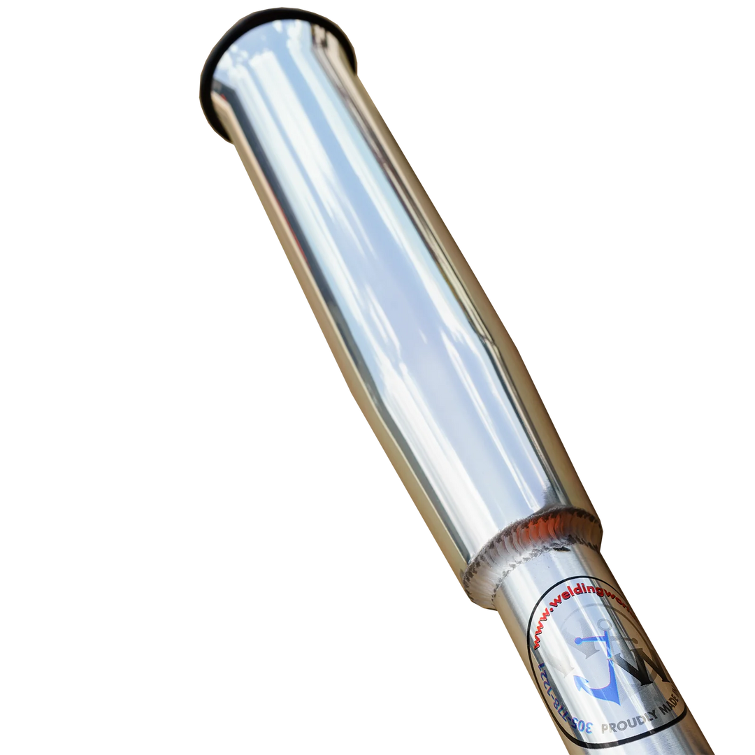 A shiny, polished metal sandbar spike with a tapered end, featuring a logo and text on the side. The background is transparent, highlighting the reflective surface of the spike
