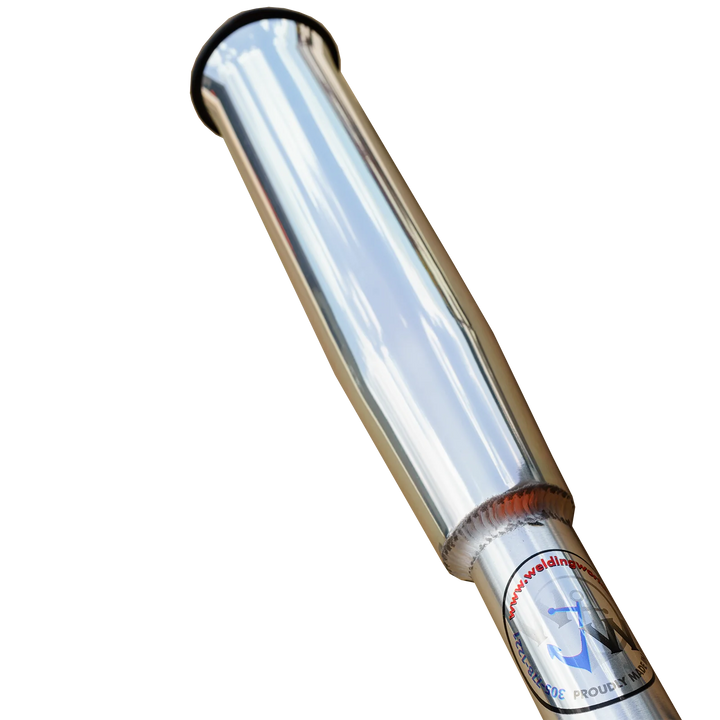 A shiny, polished metal sandbar spike with a tapered end, featuring a logo and text on the side. The background is transparent, highlighting the reflective surface of the spike