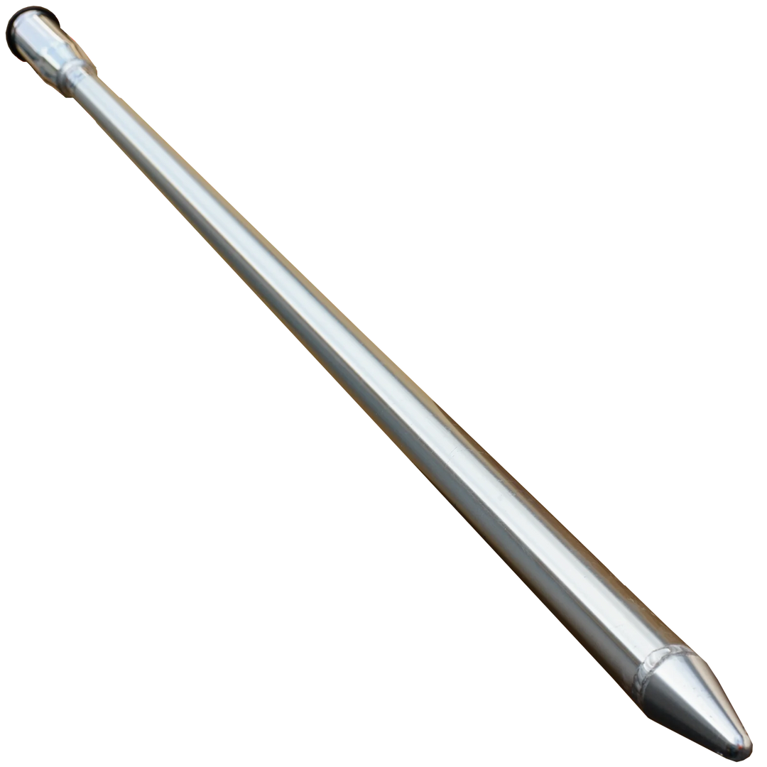 A shiny, metallic sandbar spike with a long, slender body and a pointed tip, designed for anchoring or securing items in sandy environments. The spike has a smooth surface and a slightly wider end for easier handling