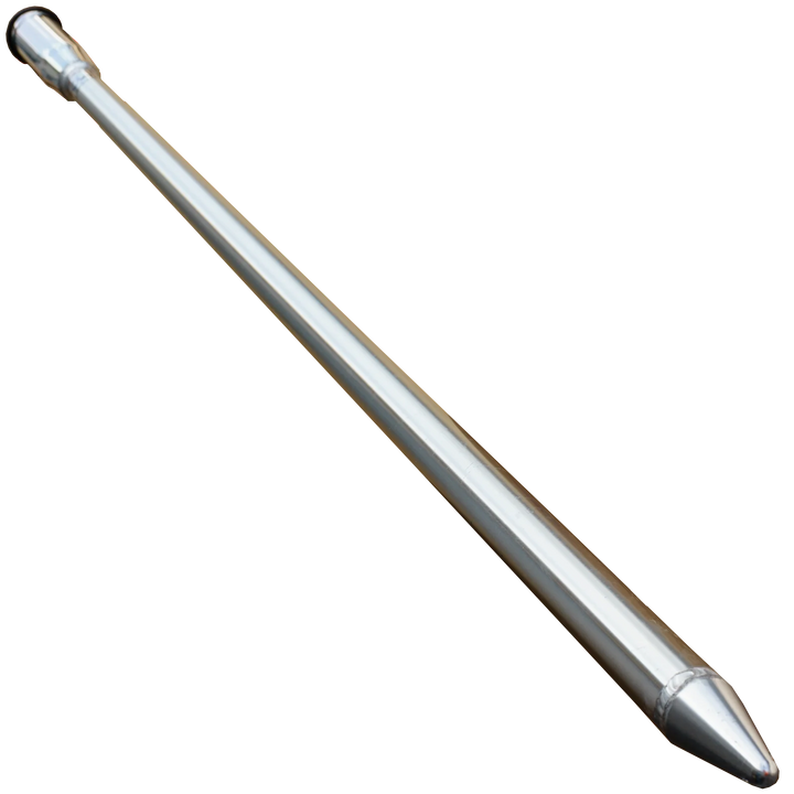 A shiny, metallic sandbar spike with a long, slender body and a pointed tip, designed for anchoring or securing items in sandy environments. The spike has a smooth surface and a slightly wider end for easier handling