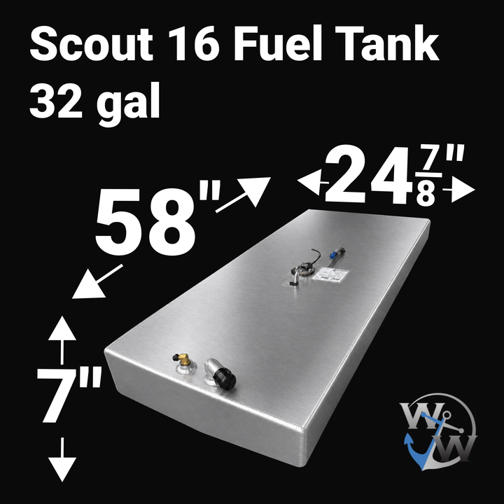 Dimensional technical diagram for a raw aluminum Scout 16 replacement marine fuel tank featuring a 32-gallon design. The graphic displays precise technical specifications with measurements of 58" length, 24 7/8" width, and 7" height, showcasing a low-profile rectangular profile engineered to seat flush within the vessel's tight factory bilge cavity. The top deck displays an unsealed variant layout featuring a decentralized mechanical hardware configuration, containing an angled fuel fill neck with a protect