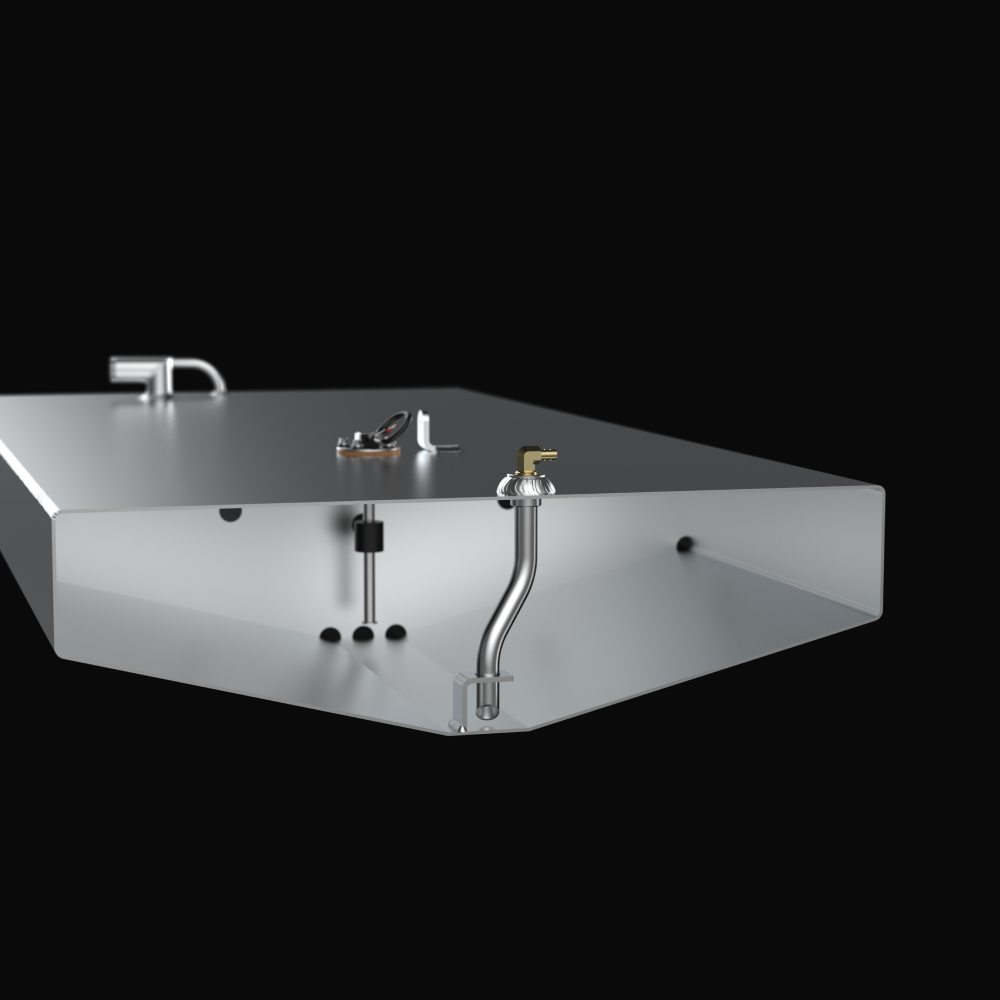 A studio cutaway cross-section view revealing the internal baffling system, heavy-gauge aluminum wall thickness, and internal fuel pickup tube configuration of an unpainted marine-grade aluminum Scout 185 replacement marine fuel tank (55 gal) from file image_30b211.png against a black background. Fabricated by Welding World in Miami, FL, the cross-section highlights internal baffles with liquid-flow holes designed to prevent fuel slosh, alongside precision top deck fill and pickup fittings engineered for a 