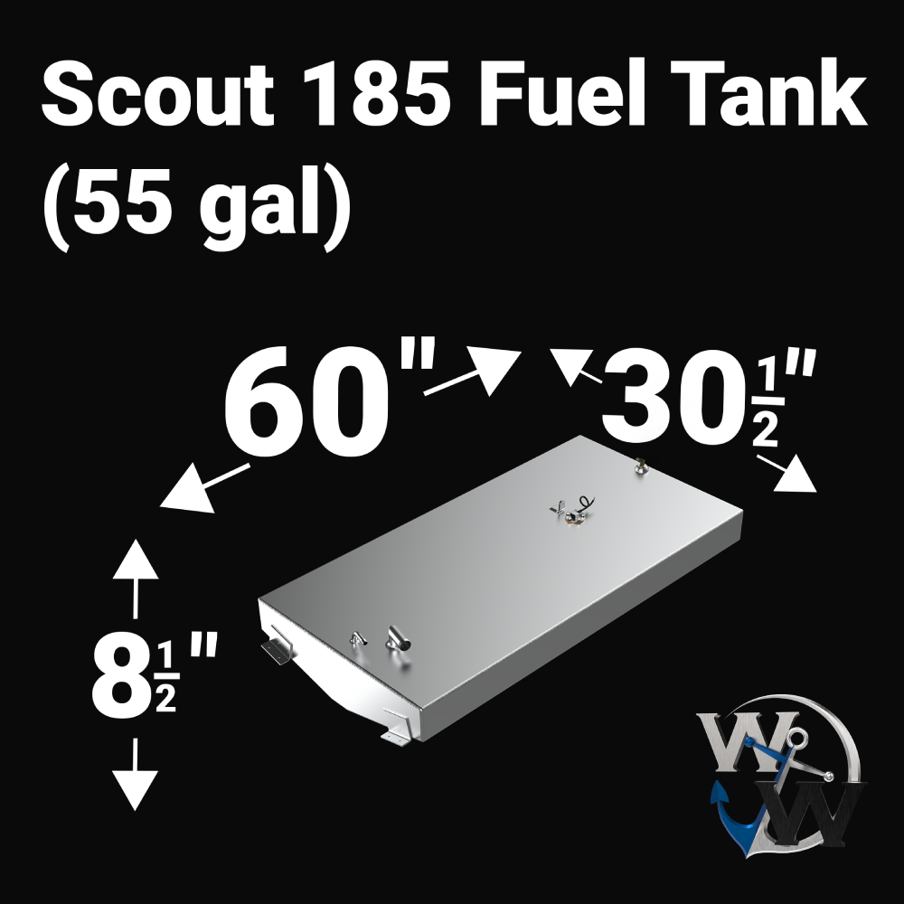 A studio engineering perspective diagram showing the precise dimensions of a Scout 185 replacement marine fuel tank (55 gal) from file image_3039d6.png against a black background. Fabricated by Welding World, the tank features a stepped bottom contour with labeled measurements indicating a length of 60 inches, a width of 30 1/2 inches, and a height of 8 1/2 inches. The top deck layout highlights pre-configured fittings, fill necks, venting, grounding points, and electronic sending units custom-engineered fo
