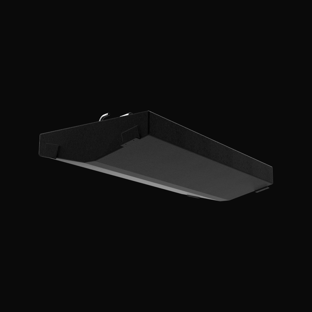A studio low-angle perspective view displaying the bottom hull contour, welded mounting tabs, and top deck fittings of a finished, black TarGard epoxy-coated Scout 185 replacement marine fuel tank (55 gal) from file image_310904.png against a solid black background. Fabricated by Welding World in Miami, FL from heavy-gauge marine-grade aluminum, the tank body is fully encapsulated in a textured protective coating to prevent saltwater pitting and bilge moisture corrosion, engineered for a 100% direct drop-in