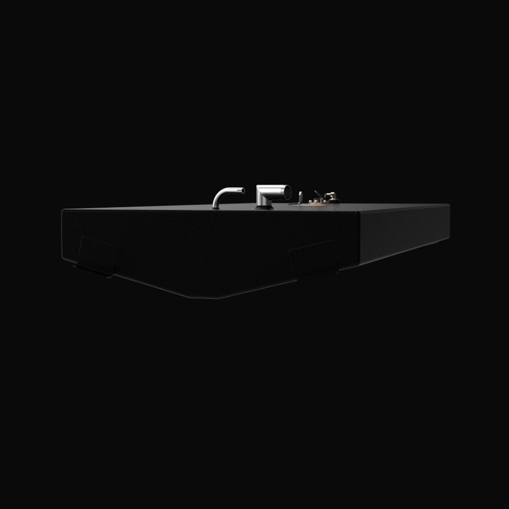 A studio low-angle perspective view displaying the V-bottom hull contour, welded mounting tabs, and top deck fittings of a finished, black TarGard epoxy-coated Scout 185 replacement marine fuel tank (55 gal) from file image_310c68.png against a solid black background. Fabricated by Welding World in Miami, FL from heavy-duty marine-grade aluminum, the tank features precision layout of fuel fill necks, vents, and sending units, engineered for a 100% direct drop-in fit.