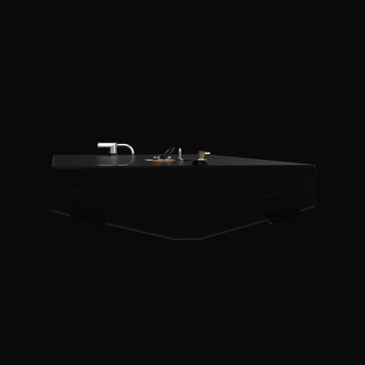 A studio low-angle perspective view displaying the bottom hull contour, welded mounting tabs, and top deck fittings of a finished, black TarGard epoxy-coated Scout 185 replacement marine fuel tank (55 gal) from file image_30ae91.png against a solid black background. Fabricated by Welding World in Miami, FL from heavy-gauge marine-grade aluminum, the tank body is fully encapsulated in a textured protective coating to prevent saltwater pitting and bilge moisture corrosion, engineered for a 100% direct drop-in
