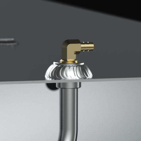 A close-up studio perspective view highlighting the internal fuel pickup tube, threaded brass 90-degree pickup elbow, electronic sending unit, and top deck fittings of an unpainted marine-grade aluminum Scout 185 replacement marine fuel tank (55 gal) from file image_30aeef.jpg against a dark background. Fabricated by Welding World in Miami, FL, the precision hardware layout is engineered for maximum fuel delivery and a 100% direct drop-in fit.