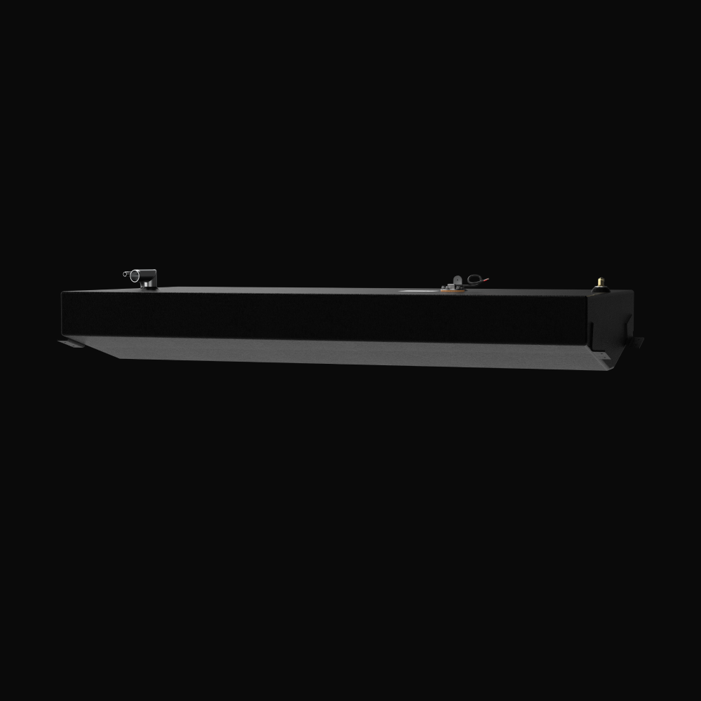 A studio low-angle profile side view displaying the long rectangular body, stepped bottom hull contour, welded mounting tabs, and top deck fittings of a finished, black TarGard epoxy-coated Scout 185 replacement marine fuel tank (55 gal) from file image_303a32.png against a solid black background. Fabricated by Welding World in Miami, FL from heavy-gauge marine-grade aluminum, the side profile highlights precision routing of fuel fill necks, vents, and sending units engineered for a 100% direct drop-in fit.
