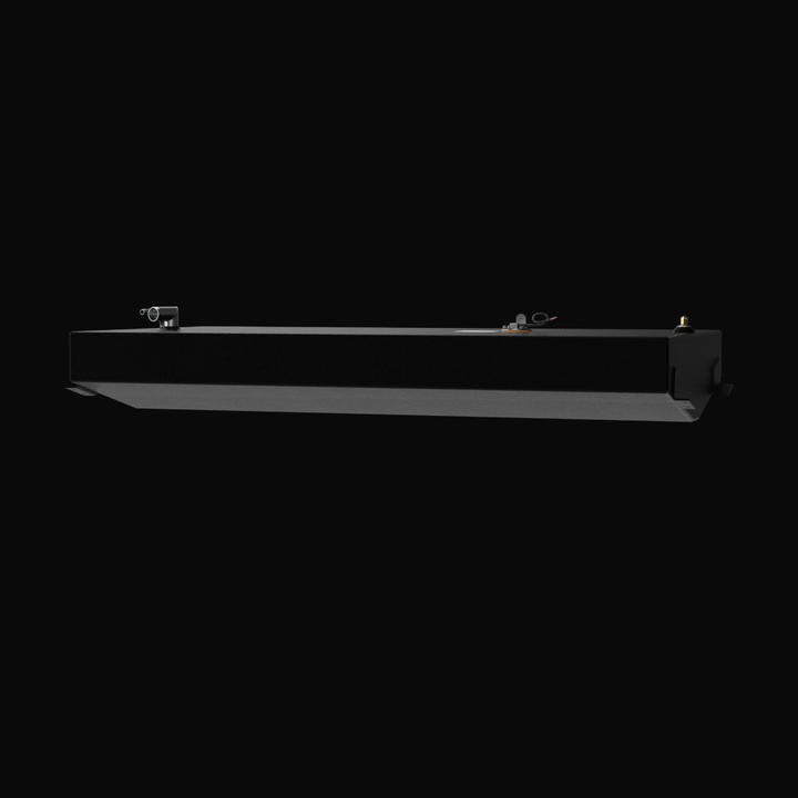 A studio low-angle profile side view displaying the long rectangular body, stepped bottom hull contour, welded mounting tabs, and top deck fittings of a finished, black TarGard epoxy-coated Scout 185 replacement marine fuel tank (55 gal) from file image_303a32.png against a solid black background. Fabricated by Welding World in Miami, FL from heavy-gauge marine-grade aluminum, the side profile highlights precision routing of fuel fill necks, vents, and sending units engineered for a 100% direct drop-in fit.