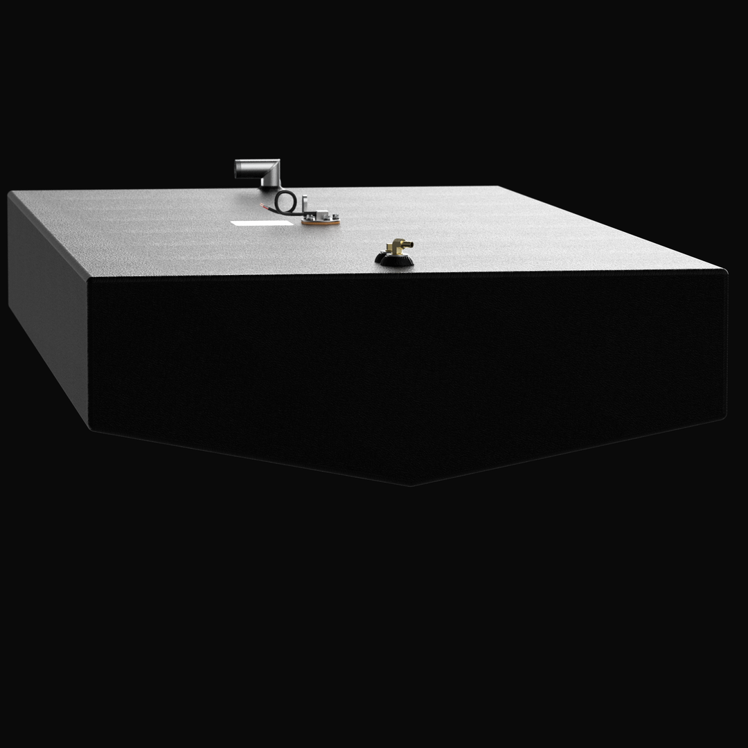 A low-angle front perspective rendering of a black single-tank fuel cell, emphasizing the hull-matching underside of a Scout 245 OEM replacement marine fuel tank. The low-profile unit is engineered from heavy-gauge marine-grade 5052-H32 aluminum and fully sealed in a textured, corrosion-resistant black TarGard epoxy coating. This unique angle highlights the shallow multi-angled V-hull tapered bottom configuration designed to drop perfectly into the center console stringer grid. The upper deck features pre-i