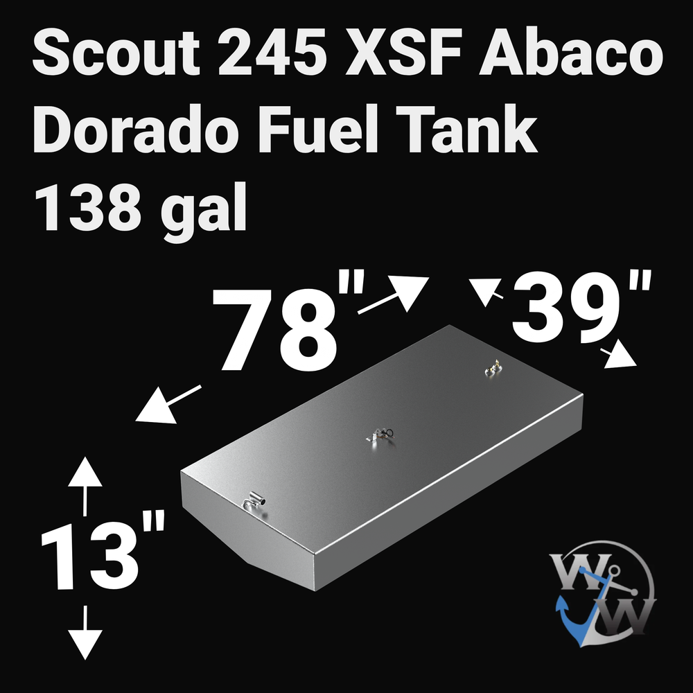 Dimensional technical diagram for a raw aluminum Scout 245 XSF Abaco Dorado replacement marine fuel tank featuring a 138-gallon capacity. The graphic displays precise technical specifications with measurements of 78" length, 39" width, and 13" height, illustrating the low-profile design with a V-hull tapered bottom configuration. The top deck displays an unsealed variant layout complete with brass fuel pickups, a center sending unit mount, and a forward fuel fill neck. Precision-engineered by Welding World 