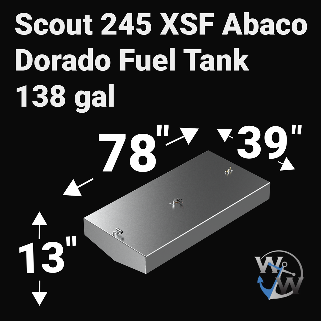 Dimensional technical diagram for a raw aluminum Scout 245 XSF Abaco Dorado replacement marine fuel tank featuring a 138-gallon capacity. The graphic displays precise technical specifications with measurements of 78" length, 39" width, and 13" height, illustrating the low-profile design with a V-hull tapered bottom configuration. The top deck displays an unsealed variant layout complete with brass fuel pickups, a center sending unit mount, and a forward fuel fill neck. Precision-engineered by Welding World 