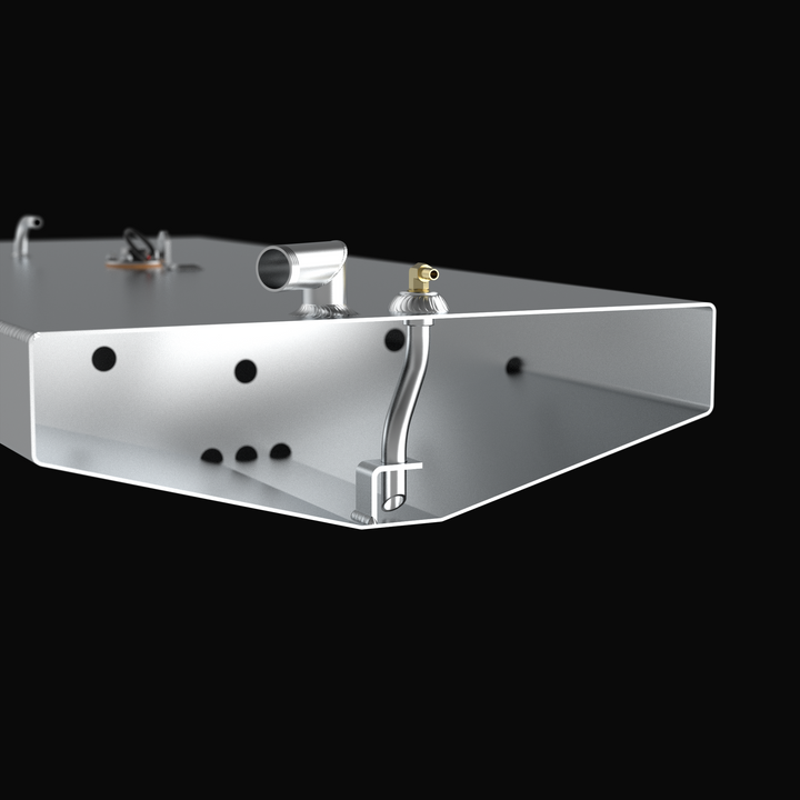 A studio cutaway cross-section view revealing the internal baffling system, heavy-gauge aluminum wall thickness, and internal fuel pickup tube configuration of an unpainted marine-grade aluminum Scout 350 LXF triple-engine replacement marine fuel tank (360 gal) from file image_c33a2e.jpg against a black background. Fabricated by Welding World in Miami, FL, the cross-section highlights internal baffles with liquid-flow holes designed to prevent fuel slosh, alongside precision top deck fill and pickup fitting