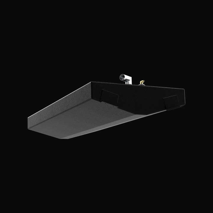 A studio low-angle perspective view showcasing the bottom hull contour, welded mounting tabs, and top deck fittings of a physical, finished black encapsulated Scout 350 LXF triple-engine replacement marine fuel tank (360 gal) from file image_c32787.jpg against a solid black background. Fabricated by Welding World in Miami, FL from heavy-gauge marine-grade aluminum, the large tank body is coated in a durable, textured black TarGard epoxy to protect against severe saltwater corrosion and bilge moisture. Top d