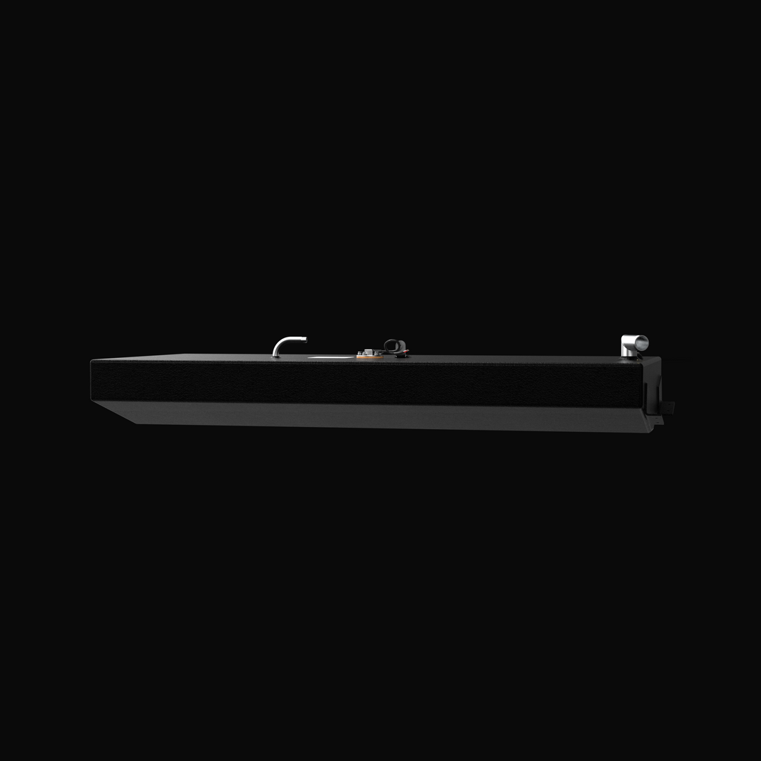 A studio profile side-angle perspective view displaying the long rectangular body, angled bottom hull contour, and top deck fittings of a finished, black TarGard epoxy-coated Scout 350 LXF triple-engine replacement marine fuel tank (360 gal) from file image_c32eaa.png against a black background. Fabricated by Welding World in Miami, FL from heavy-duty marine-grade aluminum, the side profile highlights the precision routing of fuel fill necks, vents, and sender units engineered for a 100% direct drop-in fit.