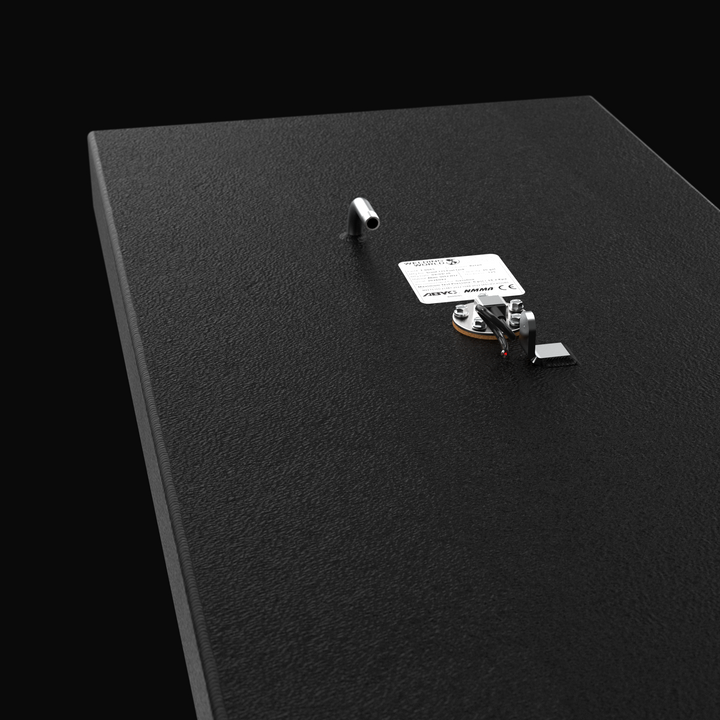A close-up studio perspective view highlighting the detailed top deck layout, electronic sending unit, wiring connections, and ABYC-compliant specification label of a finished, black TarGard epoxy-coated Scout 350 LXF triple-engine replacement marine fuel tank (360 gal) from file image_c32b62.jpg against a black background. Fabricated by Welding World in Miami, FL from heavy-duty marine-grade aluminum, the textured surface showcases precision fittings engineered to ensure a 100% direct drop-in fit.