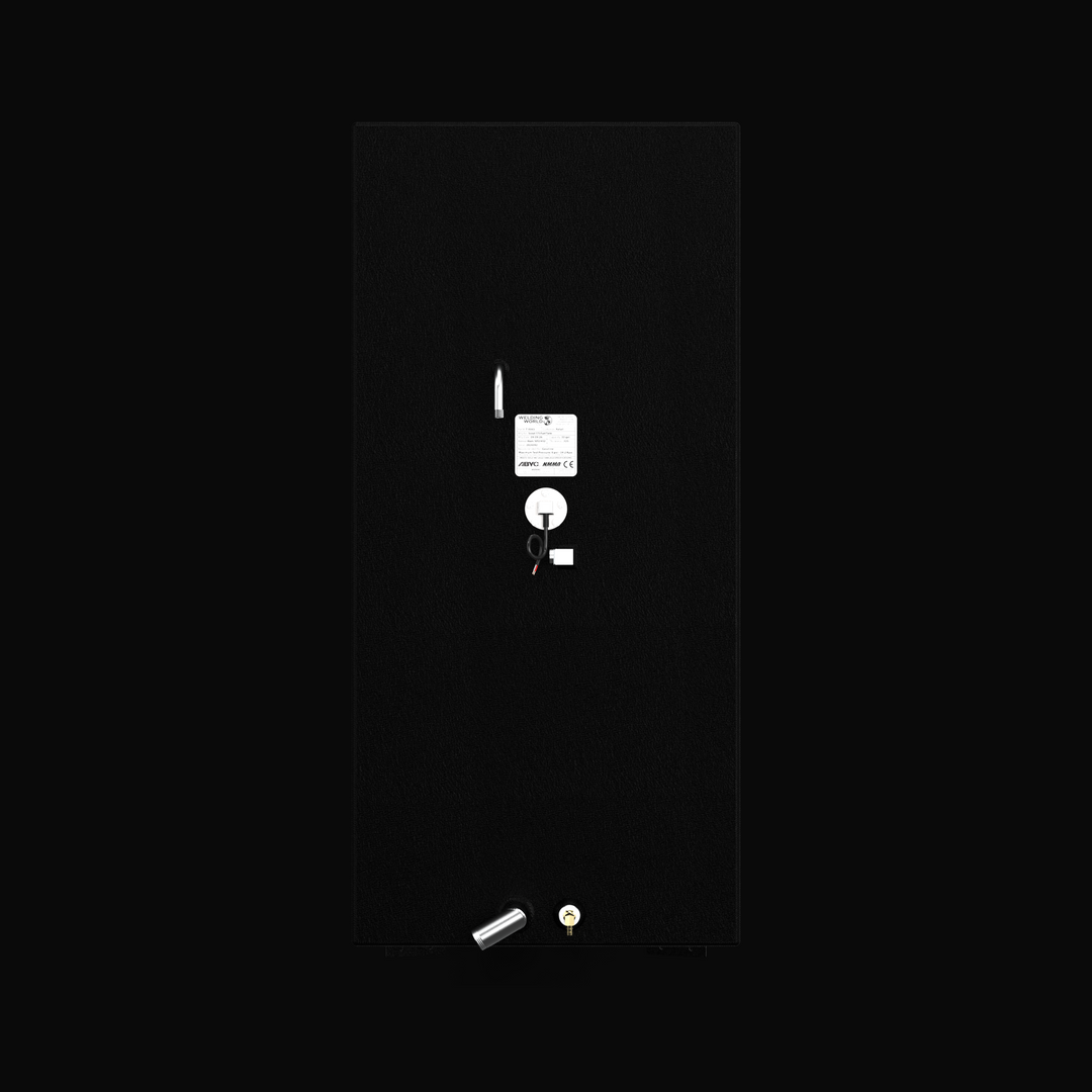 A studio top-down flat-lay view showcasing the upper deck surface, fittings layout, and official compliance specification plate of a finished, black TarGard-coated Scout 350 LXF triple-engine replacement marine fuel tank (360 gal) from file image_c32b21.jpg against a dark background. Fabricated by Welding World in Miami, FL from heavy-duty marine-grade aluminum, the large rectangular layout prominently displays the central manufacturer certification label, fuel fill necks, dual pickup locations, vent fittin