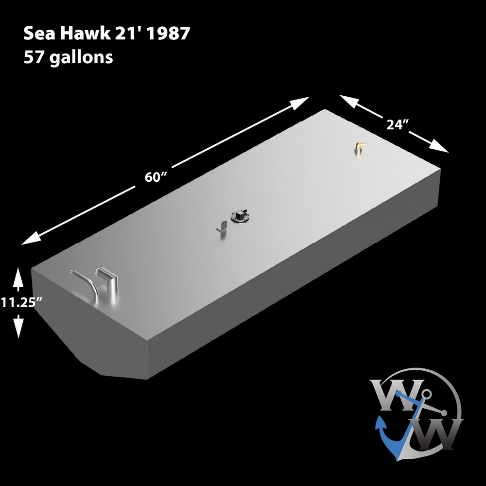 Dimensional drawing of a Sea Hawk 21' 1987 57-gallon fuel tank, measuring 60 inches long, 24 inches wide, and 11.25 inches high, featuring the logo