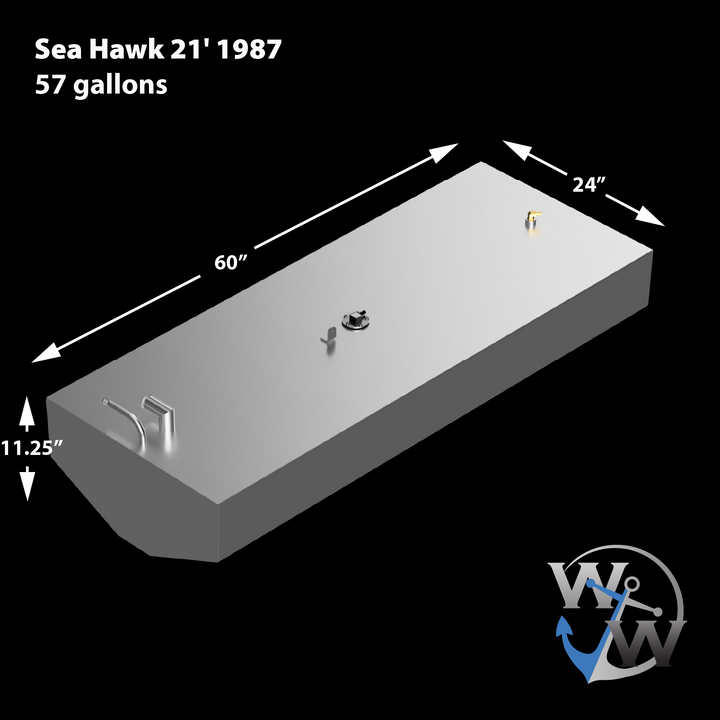 Dimensional drawing of a Sea Hawk 21' 1987 57-gallon fuel tank, measuring 60 inches long, 24 inches wide, and 11.25 inches high, featuring the logo