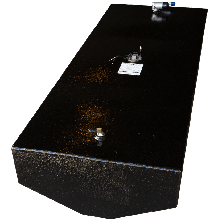 Black Sea Hawk 21' 57-gallon fuel tank showing fuel line connections, sending unit, and ABYC/NMMA label on a checkered background
