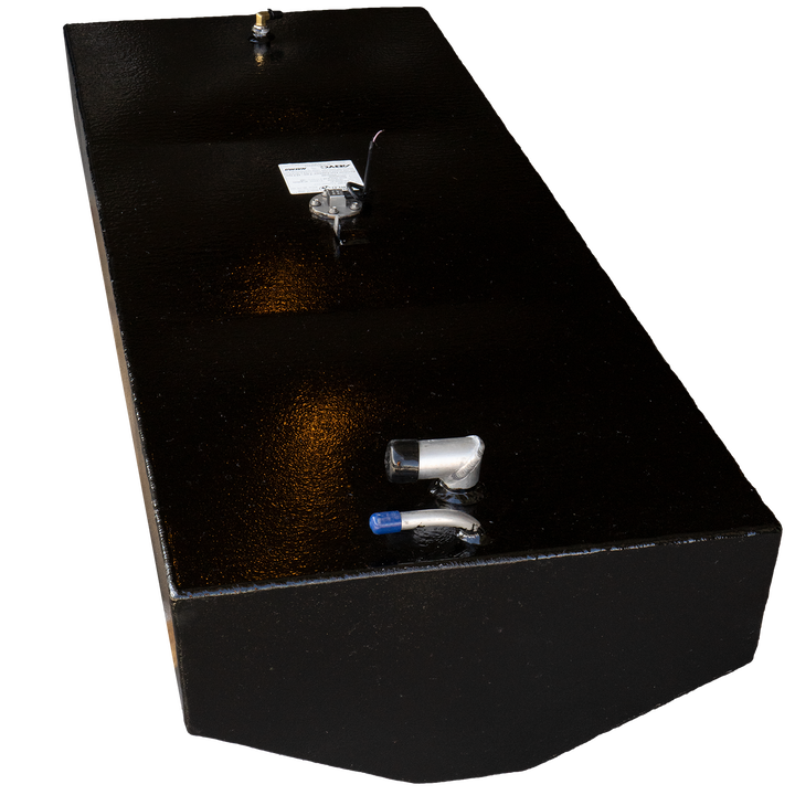Black belly fuel tank showing the fuel line connections and a fuel sending unit on a checkered background