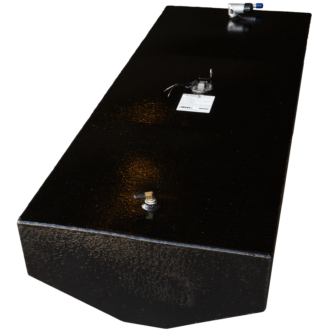Black Sea Hawk 21' 57-gallon fuel tank showing fuel line connections, sending unit, and ABYC/NMMA label on a checkered background