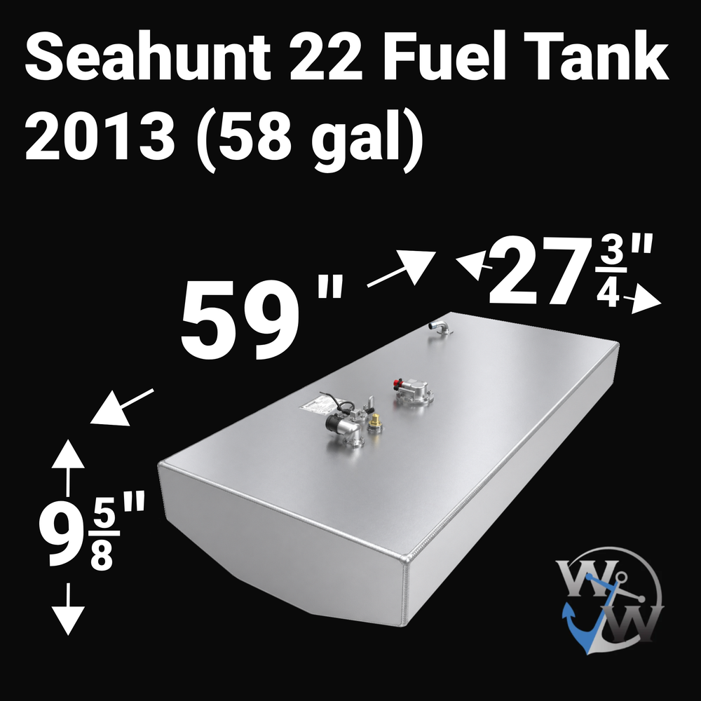 Dimensional technical drawing of a Sea Hunt 22 (2013) replacement fuel tank with a 58-gallon capacity. The graphic displays precise measurements of 59" length, 27 3/4" width, and 9 5/8" height, featuring a hull-contoured bottom for an exact fit. Fabricated from .125" marine-grade aluminum, this OEM replacement includes a pre-installed sending unit and fuel pickups, ensuring a guaranteed 100% drop-in fit.