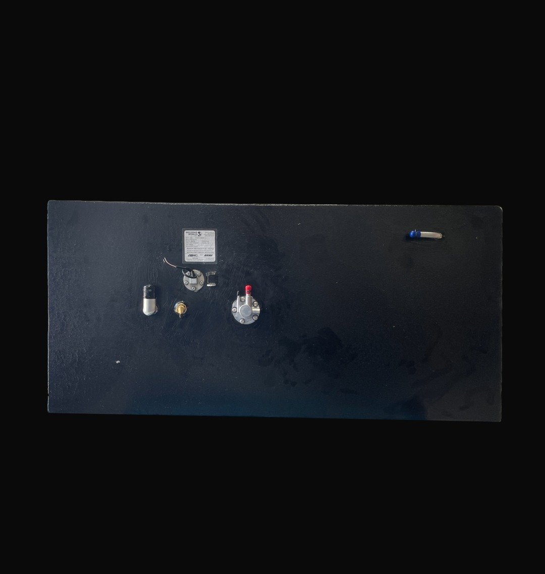 Top-down plan view of a 58-gallon Sea Hunt 22 (2013) replacement fuel tank finished in a rugged black Coal Tar Epoxy coating. The image highlights the precision layout of the ABYC/NMMA certification label, integrated fuel sending unit, and high-quality 316 stainless steel fuel fittings. Fabricated from heavy-duty .125" marine-grade aluminum, this OEM replacement is engineered to provide a guaranteed 100% drop-in fit and superior corrosion protection.