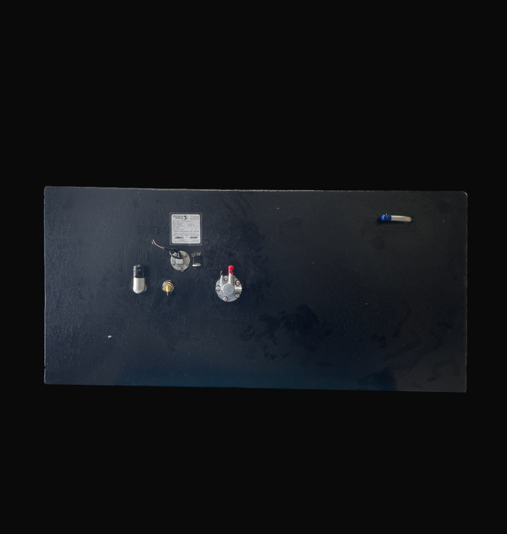 Top-down plan view of a 58-gallon Sea Hunt 22 (2013) replacement fuel tank finished in a rugged black Coal Tar Epoxy coating. The image highlights the precision layout of the ABYC/NMMA certification label, integrated fuel sending unit, and high-quality 316 stainless steel fuel fittings. Fabricated from heavy-duty .125" marine-grade aluminum, this OEM replacement is engineered to provide a guaranteed 100% drop-in fit and superior corrosion protection.