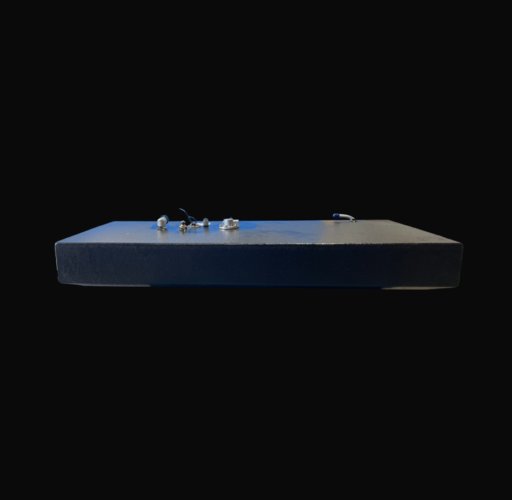 A long-profile side view of a 58-gallon Sea Hunt 22 (2013) replacement fuel tank showcasing a high-durability black Coal Tar Epoxy finish. This heavy-duty marine-grade .125" aluminum tank is precision-welded with top-mounted 316 stainless steel fuel fittings and an integrated sending unit. Engineered as an exact OEM replacement for a guaranteed 100% drop-in fit, it provides superior corrosion resistance for long-term offshore use.
