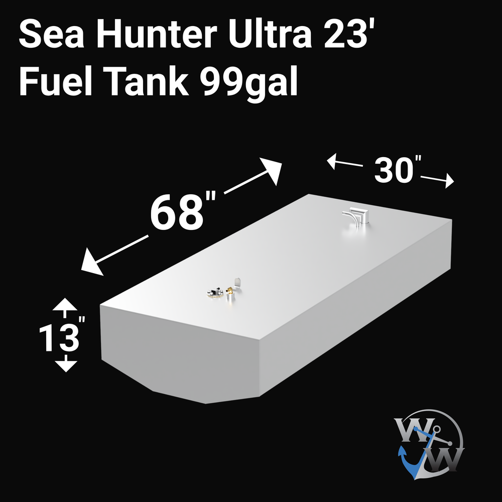 Intended for a 99-gallon fuel tank designed for a Sea Hunter Ultra 23' boat. These tanks are typically constructed from marine-grade aluminum (e.g., .190 or .250 inch 5052 H32 Series), possibly epoxy-coated for enhanced durability, and would be equipped with standard fittings for fuel fill, vent, engine feed, and fuel level sending unit. (Note: The image provided for this item was entirely black and did not display any visual details of the fuel tank.)