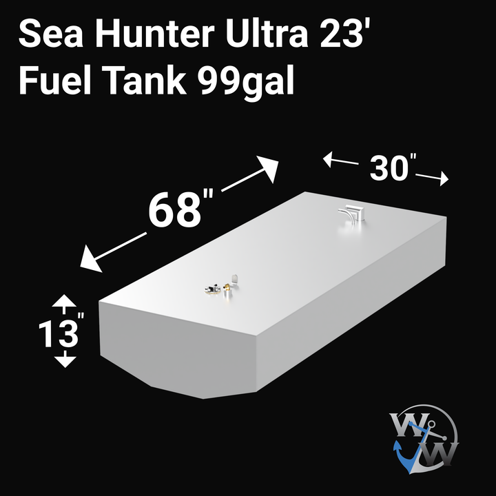 Intended for a 99-gallon fuel tank designed for a Sea Hunter Ultra 23' boat. These tanks are typically constructed from marine-grade aluminum (e.g., .190 or .250 inch 5052 H32 Series), possibly epoxy-coated for enhanced durability, and would be equipped with standard fittings for fuel fill, vent, engine feed, and fuel level sending unit. (Note: The image provided for this item was entirely black and did not display any visual details of the fuel tank.)