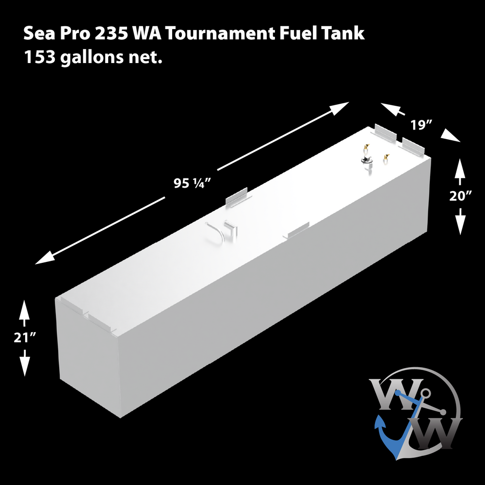 A 3D rendered white marine fuel tank displayed on a black background with the tank’s dimensions and capacity annotated in white text. The tank is rectangular with slight indentations at the bottom corners on the front right side. It measures 95 ¼ inches in length, 19 inches in width, 20 inches in height on the front right side, and 21 inches in height on the back left side. The tank has multiple mounting tabs along the top edges and several fittings on the top surface near the far end.