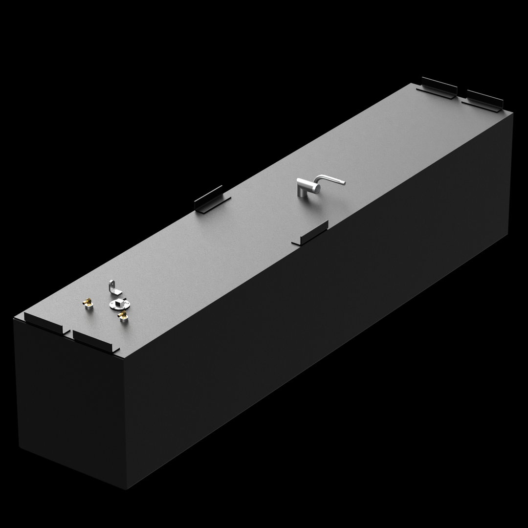 A black rectangular marine fuel tank with a matte finish is shown from a diagonal top angle against a black background. The tank features black mounting tabs on the sides and top edges. On the top surface, there are metallic fittings including two small brass connectors near one end, a round port with a cover, a small bracket, and a bent silver pipe positioned towards the middle