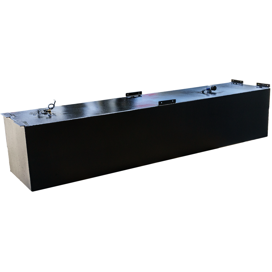 OEM replacement belly fuel tank for Mako 21' boat, featuring a sleek black design and a capacity of 125 gallons, with multiple fittings on top