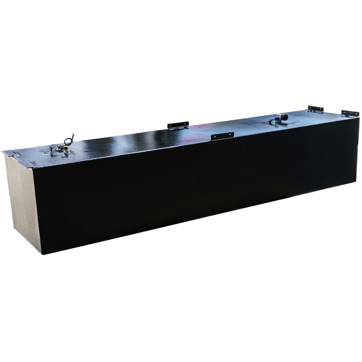 OEM replacement belly fuel tank for Mako 21' boat, featuring a sleek black design and a capacity of 125 gallons, with multiple fittings on top